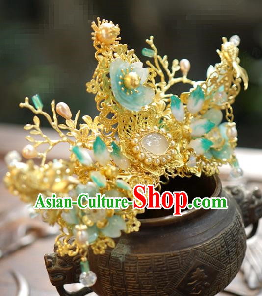 China Wedding Chalcedony Hair Crown Traditional Xiuhe Suit Hair Accessories Ancient Bride Golden Hair Stick