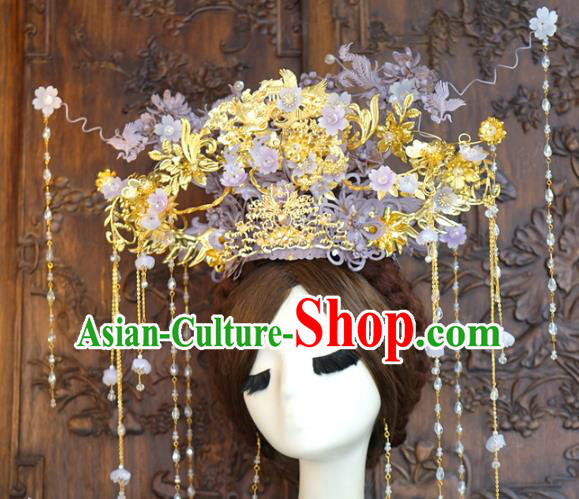 China Traditional Lilac Flowers Phoenix Coronet Ancient Wedding Bride Hair Accessories Deluxe Tassel Hair Crown