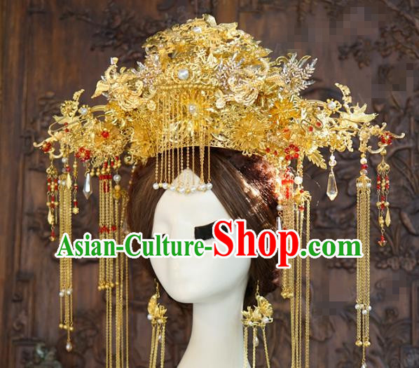 China Ancient Wedding Bride Hair Accessories Deluxe Tassel Hair Crown Traditional Golden Phoenix Coronet