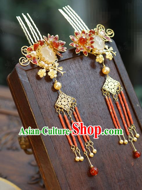 China Wedding Red Tassel Hair Combs Traditional Xiuhe Suit Hair Accessories Ancient Bride Chalcedony Hairpin