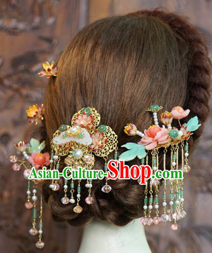 China Traditional Wedding Tassel Jade Hair Crown and Hairpins Ancient Bride Hair Accessories Full Set