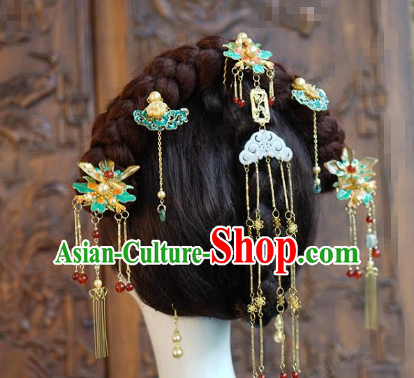 China Traditional Jade Tassel Hair Comb Ancient Wedding Bride Hair Accessories Hairpins Tassel Hair Sticks Full Set