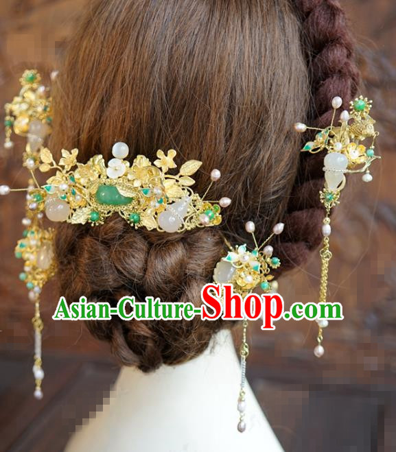 China Traditional Ancient Wedding Bride Hair Accessories Jade Hair Comb Tassel Hairpins Hair Sticks Full Set