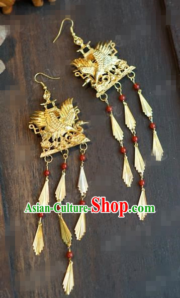 Top Grade Ancient Bride Golden Crane Earrings China Hanfu Accessories Court Tassel Ear Jewelry