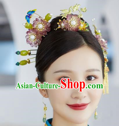 China Ancient Bride Hair Accessories Traditional Wedding Golden Crane Hair Crown and Flower Hairpins Earrings Full Set