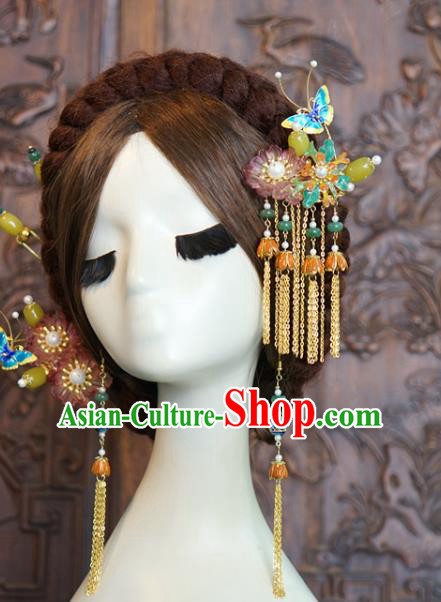 China Wedding Bride Blueing Butterfly Hairpin Ancient Tassel Jade Hair Stick Traditional Xiuhe Suit Hair Accessories