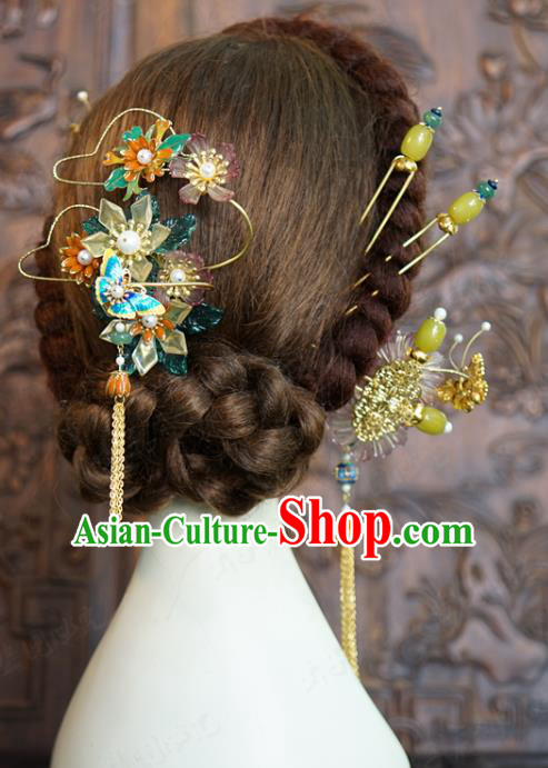 China Wedding Bride Flowers Hairpin Traditional Xiuhe Suit Hair Accessories Ancient Blueing Butterfly Hair Stick