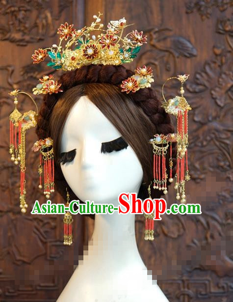 China Ancient Bride Red Lotus Hair Crown and Tassel Hairpins Traditional Hanfu Court Woman Hair Accessories