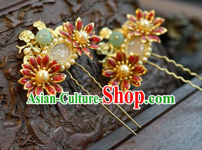 China Ancient Princess Pearls Chalcedony Hair Sticks Traditional Xiuhe Suit Hair Accessories Wedding Bride Red Lotus Hairpins