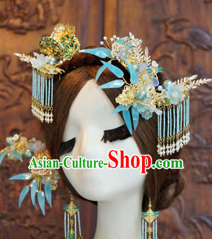 China Traditional Ancient Bride Blueing Hair Crown and Hairpins Earrings Court Hair Accessories Full Set