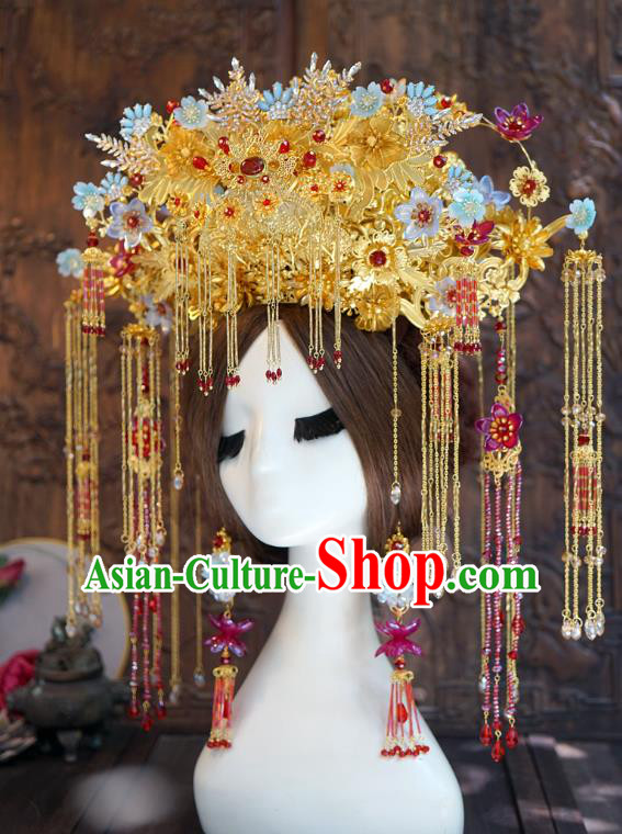China Traditional Wedding Deluxe Phoenix Coronet Ancient Bride Golden Hair Crown and Hairpins Earrings Hair Accessories Full Set