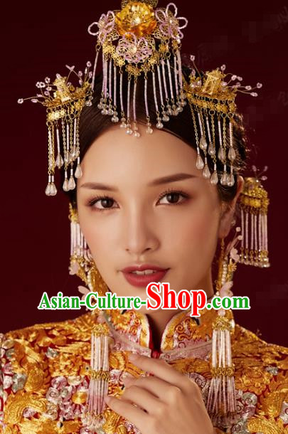 China Traditional Ancient Wedding Pink Beads Tassel Hair Crown and Hairpins Bride Hair Accessories Complete Set