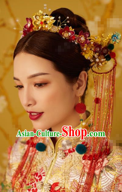 China Traditional Wedding Hair Crown and Red Beads Tassel Hairpins Ancient Bride Hair Accessories Full Set