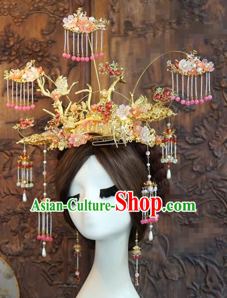 China Traditional Wedding Pink Beads Tassel Phoenix Coronet Hairpins Ancient Bride Hair Accessories Headwear