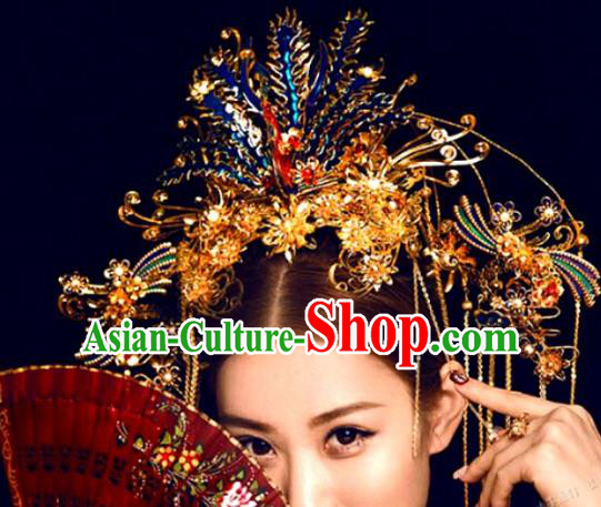 China Ancient Bride Blueing Phoenix Phoenix Coronet Hair Accessories Headwear Traditional Wedding Hair Crown and Golden Tassel Hairpins