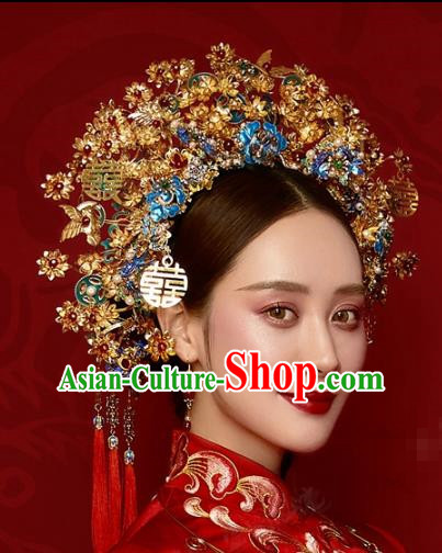 China Wedding Blueing Hair Crown Headwear Ancient Bride Phoenix Coronet Traditional Hair Accessories