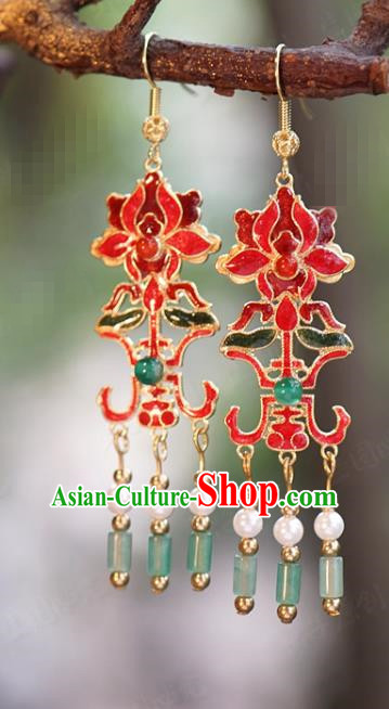 Top Grade Ancient Bride Enamel Red Lotus Earrings China Hanfu Accessories Court Jade Tassel Ear Jewelry