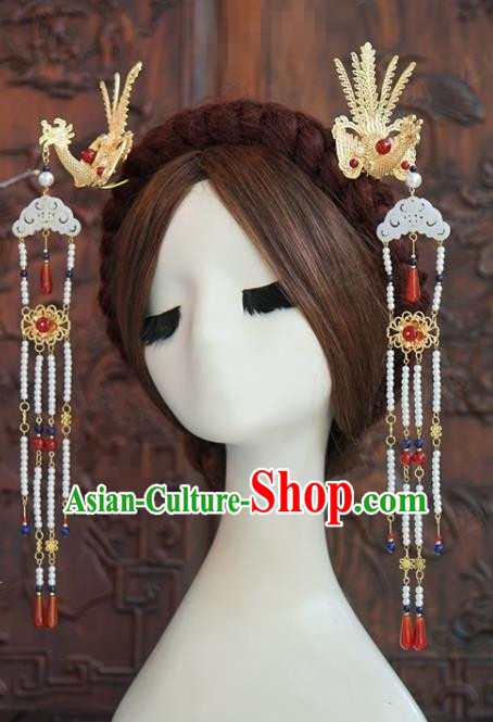 China Traditional Xiuhe Suit Hair Accessories Palace Jade Hairpin Wedding Golden Phoenix Step Shake