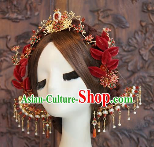 China Traditional Wedding Red Velvet Flowers Hair Sticks Ancient Queen Tassel Hairpins Hair Accessories Full Set