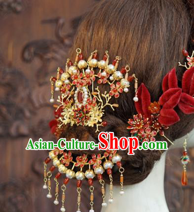 China Traditional Wedding Red Velvet Flowers Hair Sticks Ancient Queen Tassel Hairpins Hair Accessories Full Set