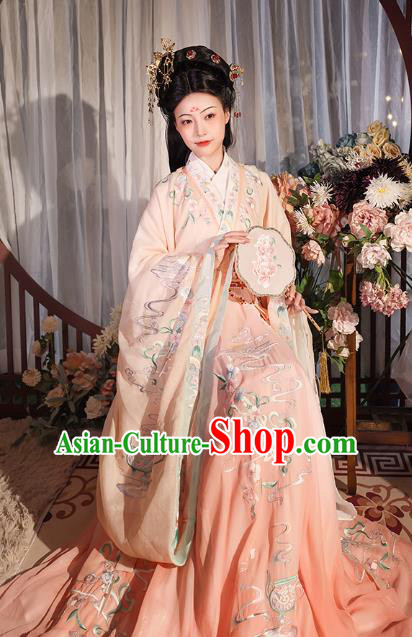 China Ancient Imperial Consort Hanfu Clothing Jin Dynasty Court Beauty Embroidered Pink Dress Apparels