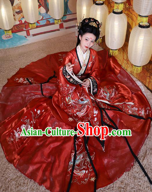 China Ancient Court Beauty Embroidered Red Dress Apparels Spring and Autumn Period Imperial Consort Xi Shi Hanfu Clothing