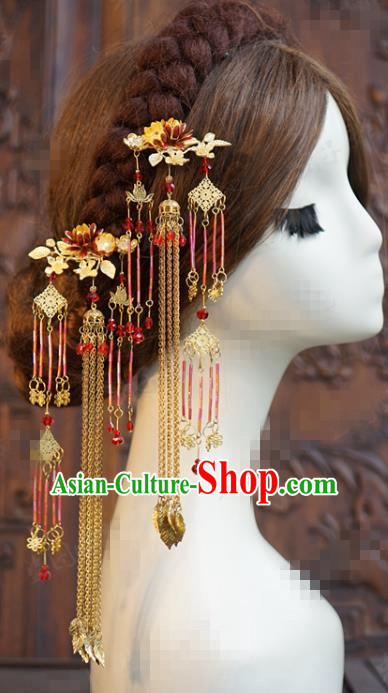 China Ancient Princess Long Tassel Hairpins Traditional Xiuhe Suit Hair Accessories Wedding Bride Hair Sticks