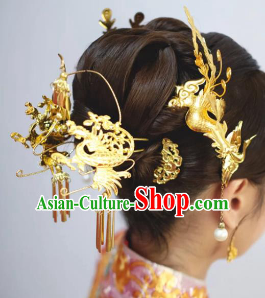 China Traditional Xiuhe Suit Golden Phoenix Hairpins Wedding Luxury Hair Accessories Ancient Bride Hair Sticks Full Set