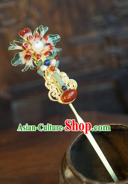 China Ancient Bride Golden Lute Hair Stick Traditional Xiuhe Suit Hair Accessories Wedding Agate Jade Hairpin