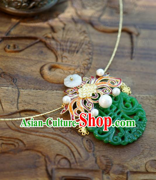 Chinese Traditional Cloisonne Lotus Necklace Handmade Ancient Princess Jade Carving Necklet Accessories