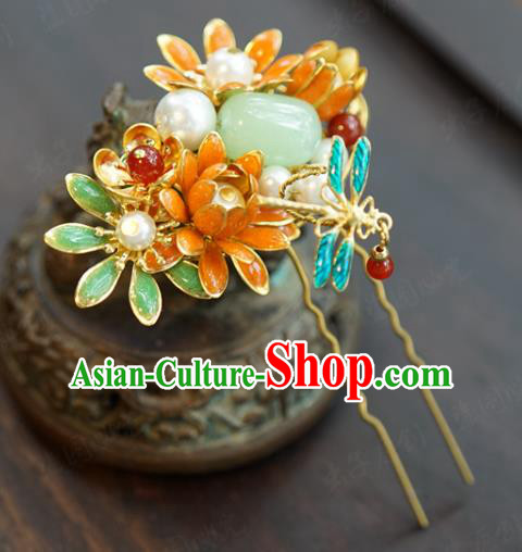 China Ancient Princess Jade Hair Stick Traditional Xiuhe Suit Hair Jewelry Accessories Court Flowers Dragonfly Hairpin