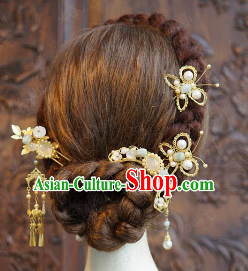 China Traditional White Chalcedony Hair Accessories Wedding Xiuhe Suit Headpieces Ancient Bride Hair Combs and Hairpins