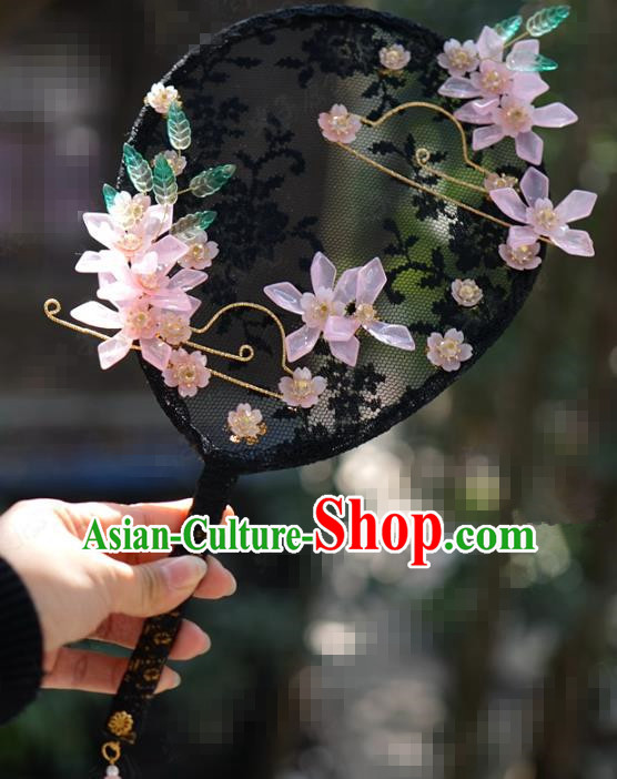 Chinese Handmade Traditional Black Lace Palace Fan Ancient Wedding Bride Accessories Round Fan