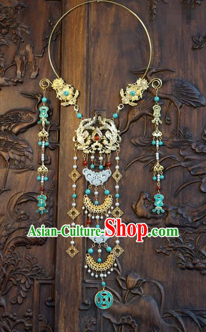 Chinese Handmade Jade Tassel Necklace Traditional Jewelry Accessories Ancient Wedding Bride Golden Phoenix Necklet