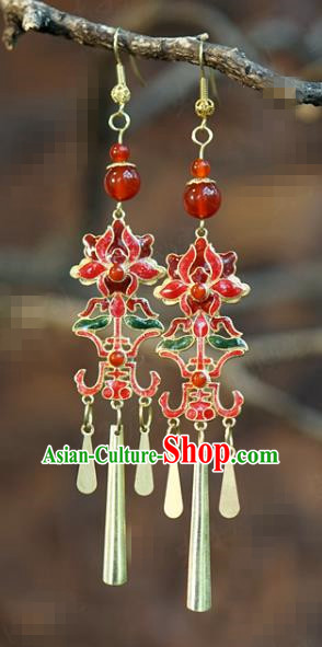 Top Grade China Qing Dynasty Lotus Ear Jewelry Traditional Hanfu Accessories Ancient Bride Cloisonne Red Earrings