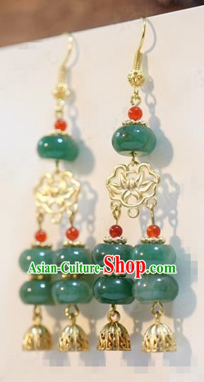 Top Grade Ancient Empress Golden Lotus Earrings China Qing Dynasty Jade Ear Jewelry Traditional Hanfu Accessories