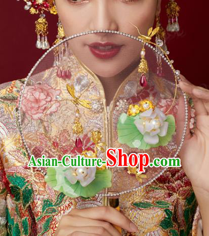 Chinese Handmade Pink Silk Round Fan Traditional Wedding Jewelry Accessories Ancient Bride Fish Lotus Palace Fan