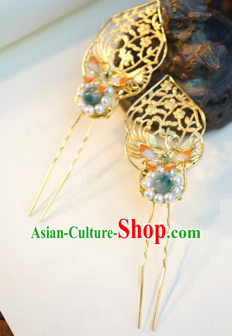 China Ancient Pearls Butterfly Hairpin Traditional Xiuhe Suit Hair Jewelry Accessories Court Princess Golden Hair Stick