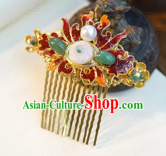 China Ancient Cloisonne Hairpin Traditional Xiuhe Suit Hair Jewelry Accessories Court Princess Golden Jade Hair Comb
