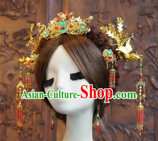 China Traditional Wedding Phoenix Coronet Hair Accessories Xiuhe Suit Headpieces Ancient Bride Tassel Step Shake Hairpins