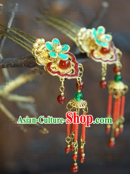 China Ancient Princess Golden Hair Clip Traditional Xiuhe Suit Hair Jewelry Accessories Court Enamel Red Hairpin