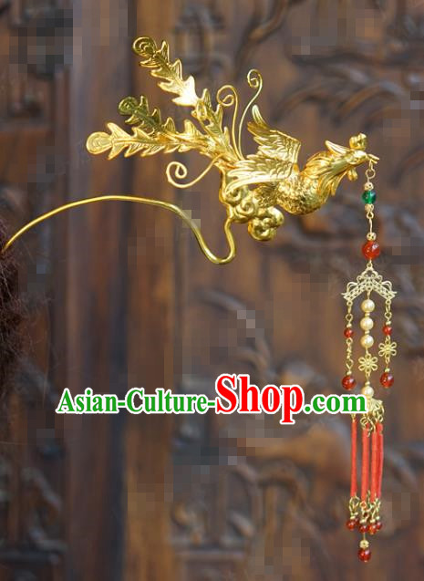 China Ancient Princess Red Beads Tassel Hair Clip Traditional Xiuhe Suit Hair Jewelry Accessories Court Golden Phoenix Hairpin