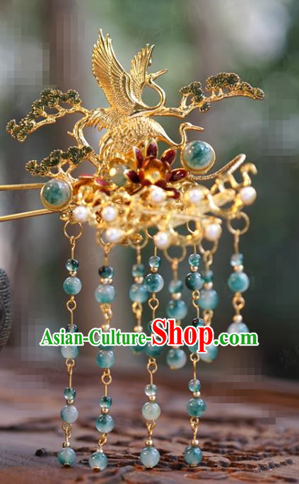 China Ancient Princess Golden Crane Pine Hair Clip Traditional Xiuhe Suit Hair Jewelry Accessories Court Green Beads Tassel Hairpin