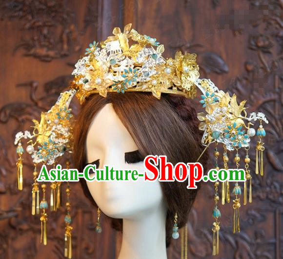 China Xiuhe Suit Headpieces Ancient Bride Golden Tassel Hairpins Traditional Wedding Phoenix Coronet Hair Accessories