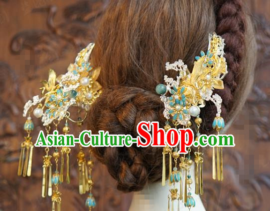 China Ancient Bride Golden Tassel Hairpin Traditional Xiuhe Suit Hair Jewelry Accessories Wedding Hair Sticks