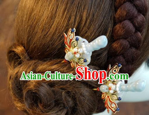 China Ancient Bride Jade Hair Clips Traditional Xiuhe Suit Hair Jewelry Accessories Wedding Cloisonne Lotus Hairpins