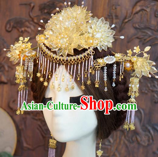 China Ancient Bride Beige Flowers Hair Crown Traditional Xiuhe Suit Hairpins Hair Sticks Wedding Luxury Hair Accessories Full Set