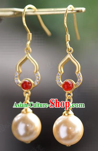 Top Grade Pearl Crystal Earrings Traditional Accessories China Ancient Court Empress Golden Gourd Ear Jewelry