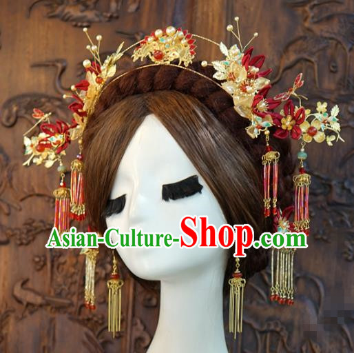 China Ancient Bride Red Hair Crown and Earrings Xiuhe Suit Headpieces Traditional Wedding Hair Accessories Full Set