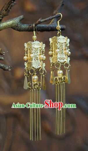 Top Grade Golden Palace Lantern Earrings Traditional Accessories China Ancient Court Empress Pearls Ear Jewelry